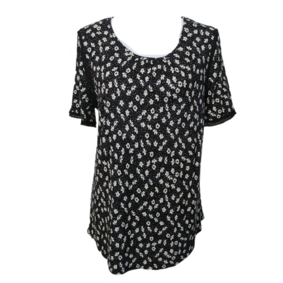 DR2 Black and Cream Rayon Linen Blend Floral Print Short Sleeve Top Size L - Picture 1 of 12